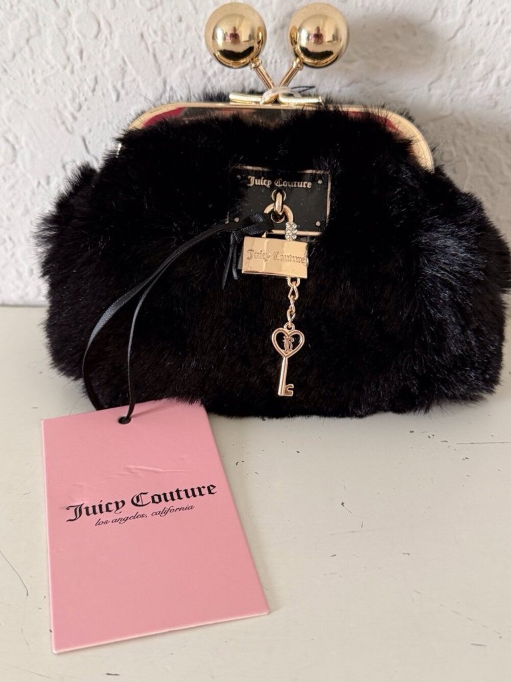Juicy Couture Liquorice Furry Friends Faux Fur Kisslock Coin Purse W/Chain NEW